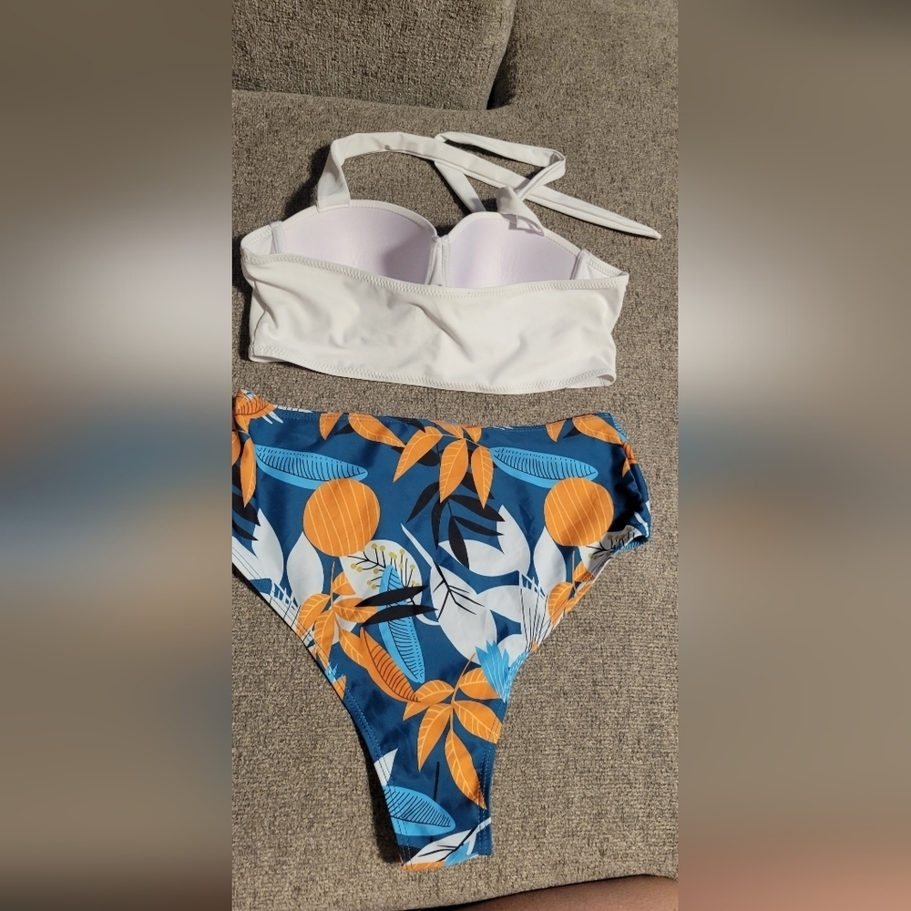 White Bikini Top and Blue Floral Bottoms - Picture 2 of 4